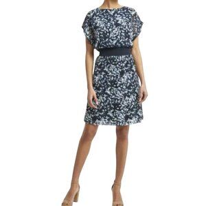 H by Halston Layered Dress, Brush Stroke Blue Sky Cap Sleeves Women's Size M
